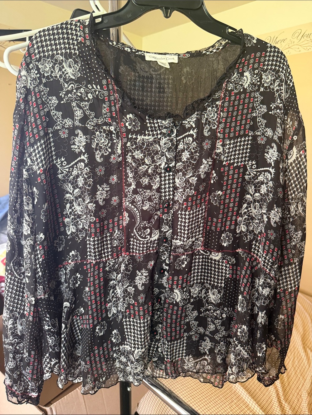 Coldwater Creek Black Sheer Patchwork Blouse with White Floral and Red Dots
